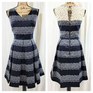 JULIAN TAYLOR Women's Mixed Fabric Pleated Striped Tea Dress Size 12 Navy Blue